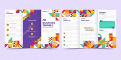 an open tri fold brochure with colorful geometric shapes