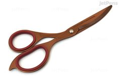 a pair of red handled scissors on a white background