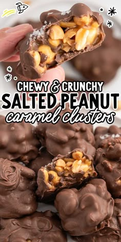 chewy and crunchy salted peanut caramel clusters on a white plate with text overlay