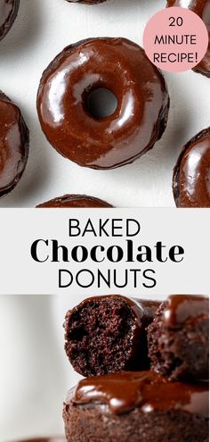 chocolate donuts stacked on top of each other with the words baked chocolate donuts above them