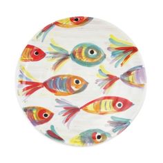 a plate with fish painted on the front and sides, in multicolored colors