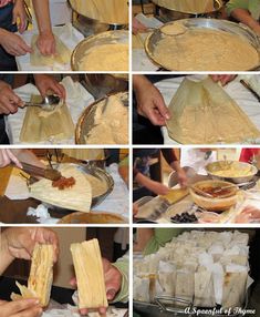 several pictures of people making food with bread