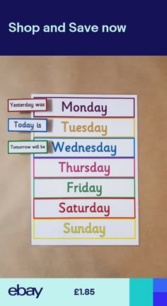 a bulletin board with days of the week written in different colors and sizes on it