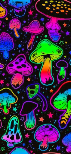 colorful mushrooms and stars on a black background