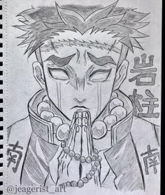 a drawing of an anime character holding his hands in front of his face and praying