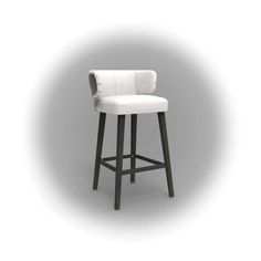 a white and black bar stool with a cushion on the backrest, against a gray background