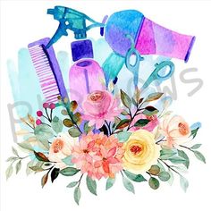 a bouquet of flowers with scissors and hairdryers on top of it, watercolor