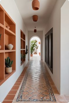 the hallway is lined with shelves and potted plants