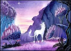 a painting of a white horse standing in the middle of a forest with trees and flowers