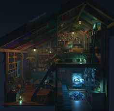 an image of the inside of a house at night with lights on and stairs leading up to it