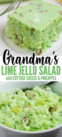 a bowl filled with lime jello salad and topped with pistape