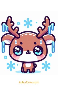 a cute little deer with blue eyes and snowflakes on it's head