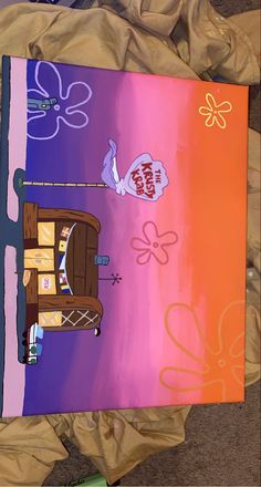 An acrylic painting of the Krusty Krab from the Nickelodeon show SpongeBob SquarePants. It is the Krusty Krab building with an orange, purple, and pink sunset background. Disney World Paintings On Canvas, Cute Paintings Sunset, Trippy Dinosaur Painting, Paintings With Sunsets, Painting With Scissors, Spongebob Aesthetic Painting, Sunset Art Ideas, Bored Painting Ideas, Small Canvas Aesthetic Paintings