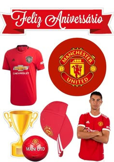 the manchester united kit is displayed in red and white with a gold cup, soccer ball,