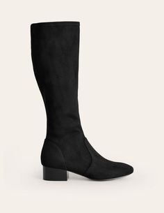 Flat Stretch Knee Boots - Black | Boden US Black Suede Boots Knee High, Black Flat Suede Boots, Suede Flat Boots, Suede Boots Knee High, Black Suede Boots, Low Block Heels, Black Flats, Mini Fashion, Suede Boots