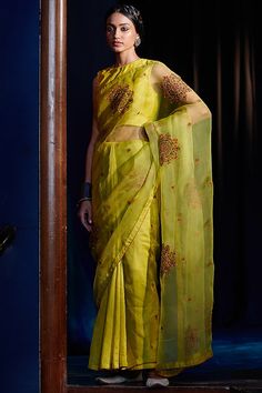 Lime Yellow Thread Embroidered Saree Set Design by Shikha Mehta at Pernia's Pop Up Shop 2022 Kajol Saree, Lime Yellow, Yellow Saree, New Address, Green Saree, Blouse For Women, Embroidered Neckline