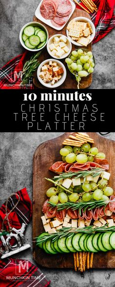 a christmas tree made out of cucumbers, cheese and crackers on a cutting board