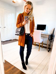 Early Fall Outfit Idea Lookbook Outfits For Dinner, Fall Ootd, Early Fall Outfits, Cozy Jacket, Fall Hats, Open Front Sweater, Chambray Top, Soft Cardigan