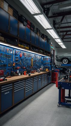 the garage is full of tools and workbenches