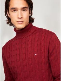 Tommy Hilfiger men's sweater. Made from soft cotton in a textured cable knit weave, this turtleneck sweater is the perfect layer, complete with rib-knit cuffs, collar and hem with touches of subtle branding throughout.  Material: 100% Cotton. Knit Sweater Men, Cable Knit Turtleneck, Cable Knit Turtleneck Sweater, Knit Turtleneck, Knit Turtleneck Sweater, Sweater Men, Tommy Hilfiger Man, Cable Knit Sweater, Knit Cuff