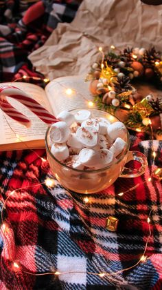 hot chocolate and marshmallows in a glass bowl on a plaid tablecloth