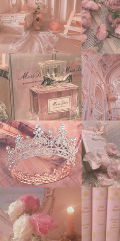 the collage shows pink roses, books and a tiara with pearls on it