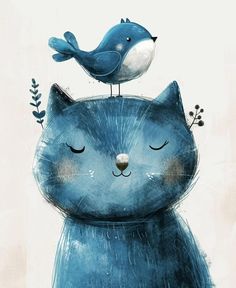 a blue cat with a bird sitting on top of it