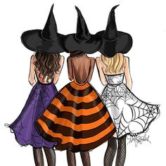 three women wearing witches hats and dresses