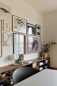 a desk with some pictures on the wall