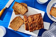 slices of banana bread sitting on top of a cutting board