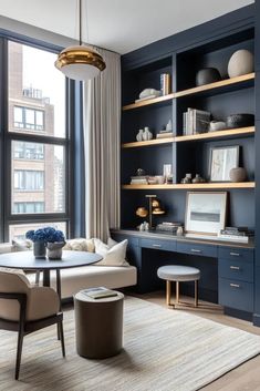 a living room filled with furniture and lots of shelves on the wall next to a window