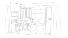 a drawing of a kitchen with the measurements for the cabinets and appliances in front of it