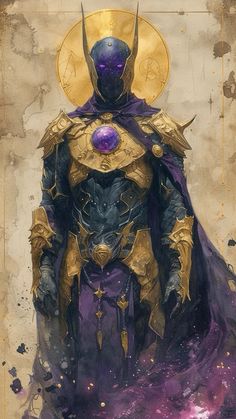 a painting of a man dressed in armor and holding a purple ball on his head