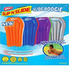 the new slip'n slide boogie is packaged in plastic and has four different colors