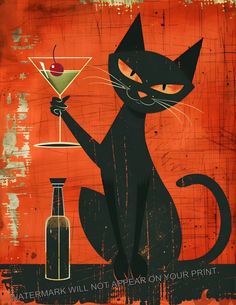 a painting of a black cat holding a martini glass with an apple on it and the words watermark will not appear on your print