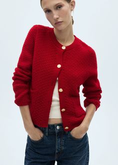 Button knit cardigan - Women | MANGO USA Winter Workwear Sweater With Buttoned Pockets, Chic Textured Knit Cardigan For Work, Textured Knit Cardigan For Work, Knit Outerwear With Button Cuffs For Work, Knitting Women Cardigan, Red Cardigan, Leather Denim, Mixing Fabrics, Knit Jacket