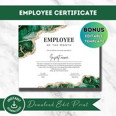 employee certificate template with green marble background and gold foil on the bottom, along with an award ribbon