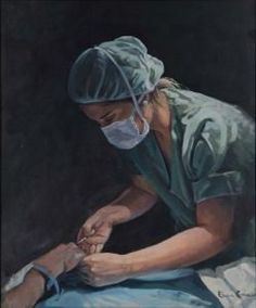 a painting of a woman in scrubs working on someone's hand with scissors