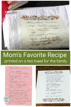 mom's favorite recipe printed on a tea towel for the family