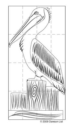 a drawing of a pelican sitting on top of a piece of wooden plank