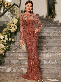 Wedding Guest Gowns, Dress Elegant Long, Prom Dresses Elegant, Long Sleeve Evening Gowns, Formal Ball Gown, Burnt Orange Dress, Long Sleeve Cocktail Dress, Sequin Party Dress, فستان سهرة