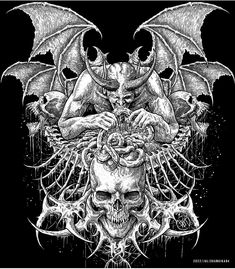 a black and white drawing of a demon holding a human skull with two bats above it