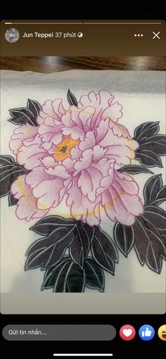 an image of a pink flower on a white plate with black and gold trimmings