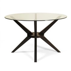 a glass table with black metal legs and an x design on the top, against a white background