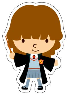 a harry potter sticker with an image of hermih holding a wand and pointing to