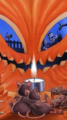 two mice are eating out of a can in front of an orange pumpkin with a scary face