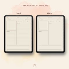 two recipe layout options displayed on ipads with pink watercolor splashes in the background