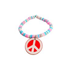 Multi-Colored clay disc bracelet with red and white peace sign is sure to match your personality and lifestyle.  Stretchy beaded bracelet is approximately 7.5 inches with disc beads measuring 6mm in size.  Dangle Peace Sign made of acrylic measures 28 mm.  Simple yet attractive.  Great accent piece for everyday or for your special occasion.  Could also be worn as an ankle bracelet. Perfect Valentine Day, birthdays, anniversaries, friendship and Christmas gift. Colored Clay, Stretchy Beaded Bracelet, Disc Bracelet, Handcrafted Artisan Jewelry, Wedding Jewelry Bracelets, Ankle Bracelet, Heishi Beads, Ankle Bracelets, Wedding Bracelet