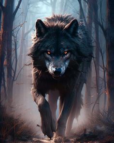 a wolf is running through the woods in front of an orange glowing eye and head