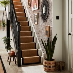 a staircase with pictures on the wall and potted plants next to it in front of an entry door